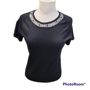 DONNA GRAY SILK BEADED BLACK SHORT SLEEVE BLOUSE SIZE MEDIUM GUC